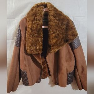 Donna Salyer's Fabulous Furs Suede Leather Moto Bomber Aviator Fur  Jacket Coat